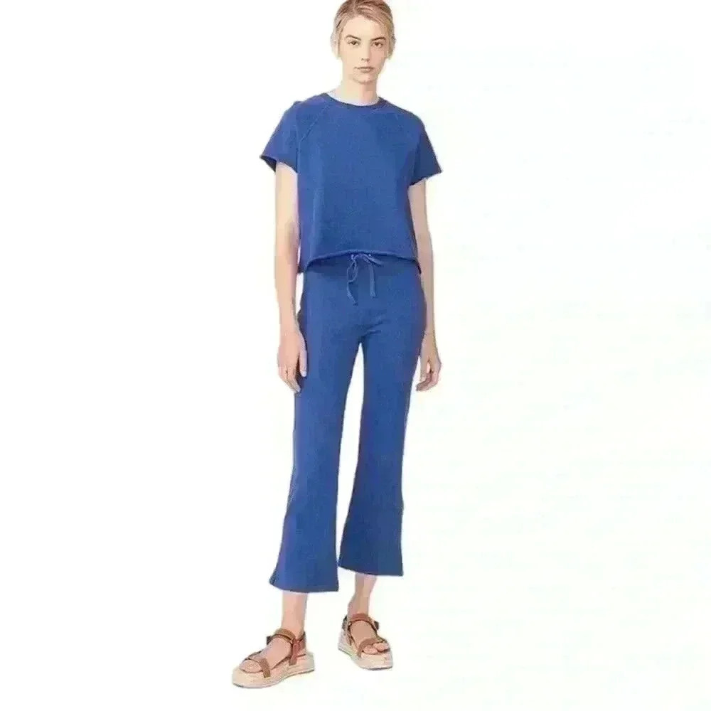Monrow NEW Blue Cropped Hem Wide Leg Drawstring Lounge Sweatpants Size XS